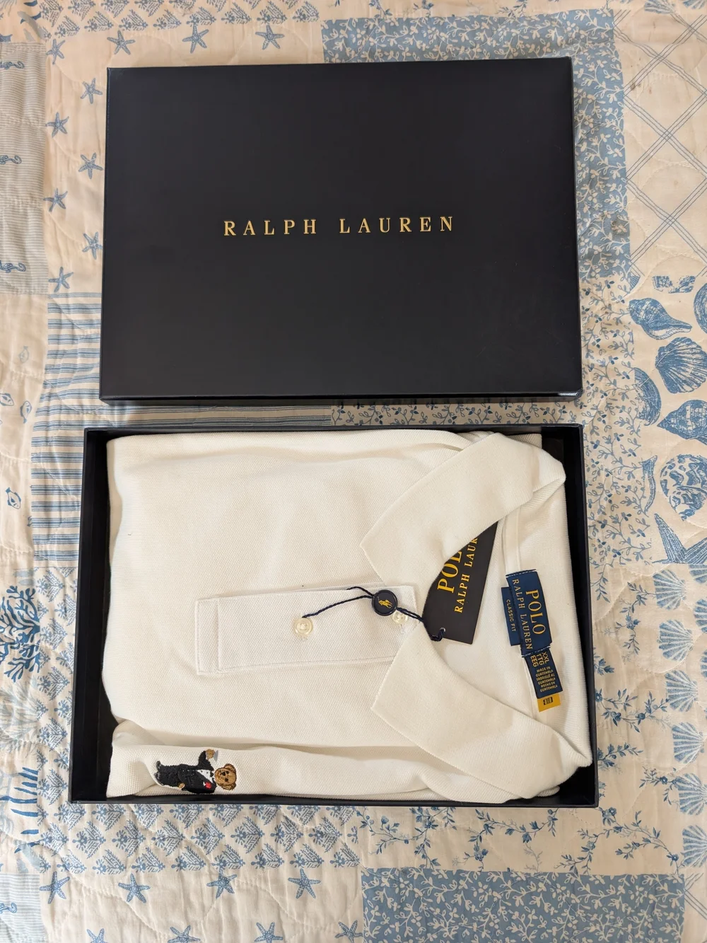 Polo by Ralph Lauren Men’s Cream Short-Sleeve Polo with Bear Embroidery